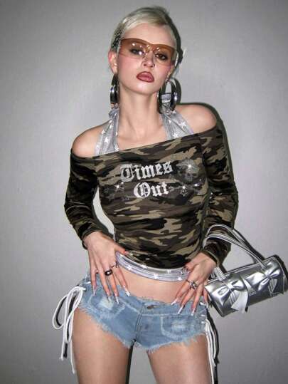 ROMWE Avant Camiseta gótica para mujer con gráfico de esqueleto con brillantes, estilo Harajuku, halter y hombros descubiertos