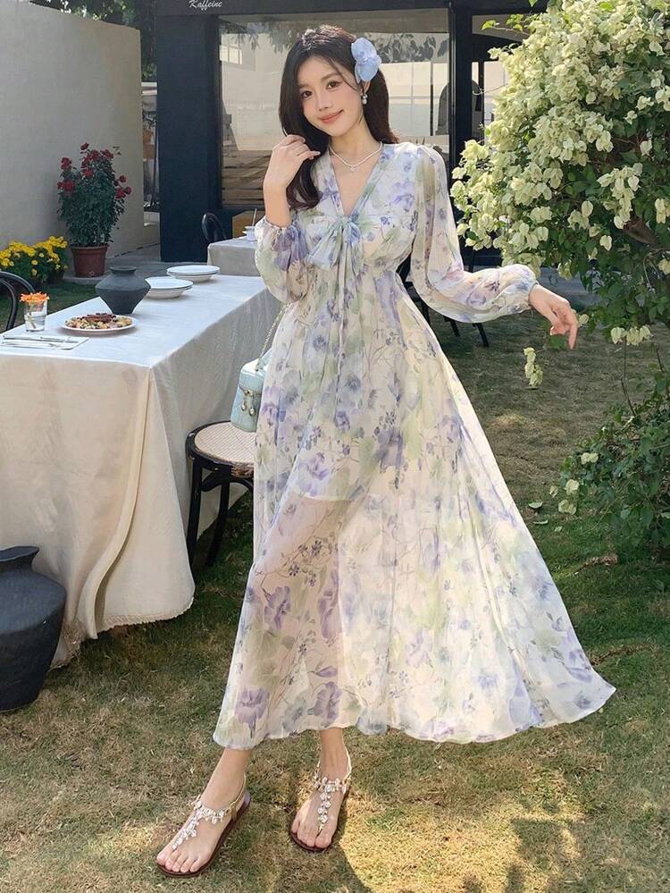 Women's Chiffon Floral Full Print Midi Dress,Fall Dress Long Sleeve Dress Vacation Outfits Women Easter Boho