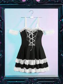 3 件套女士拼色荷叶边下摆细肩带内衣套装 - 黑色 - 查看 6