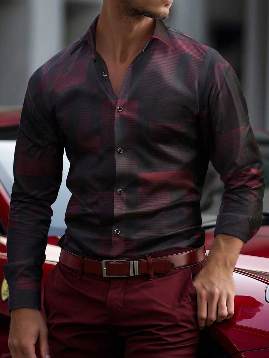 Manfinity Homme Chemise décontractée simple à manches longues à boutons devant imprimée pour homme, pour une utilisation quotidienne