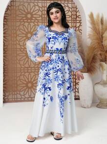 SHEIN Teenage (Girls) Mesh Splice Sweetheart Collar Long Sleeve Floral Print Dress