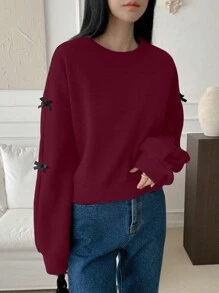 DAZY Color Block Bow Decor Ronde Hals Losse Fit Dames Sweatshirt, Herfstkleding