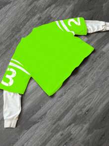Manfinity Campus Court Sudadera casual de hombre con cuello redondo, manga larga, de unicolor con parches y estampado - Verde - Ver 2