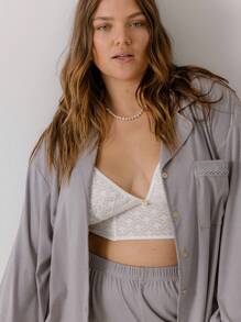 Aralina Curve Soft Jersey Relaxed-Fit Button Up Shirt And Wide-Leg Pants Lounge Set With Scrunchie