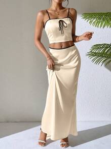 Breezaya Conjunto de 2 piezas de top camisola con cordón y falda con ribete contrastante para mujer