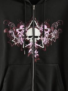 ROMWE Grunge Punk Skull Pattern Zip-up Hoodie Jacket - Black - View 3