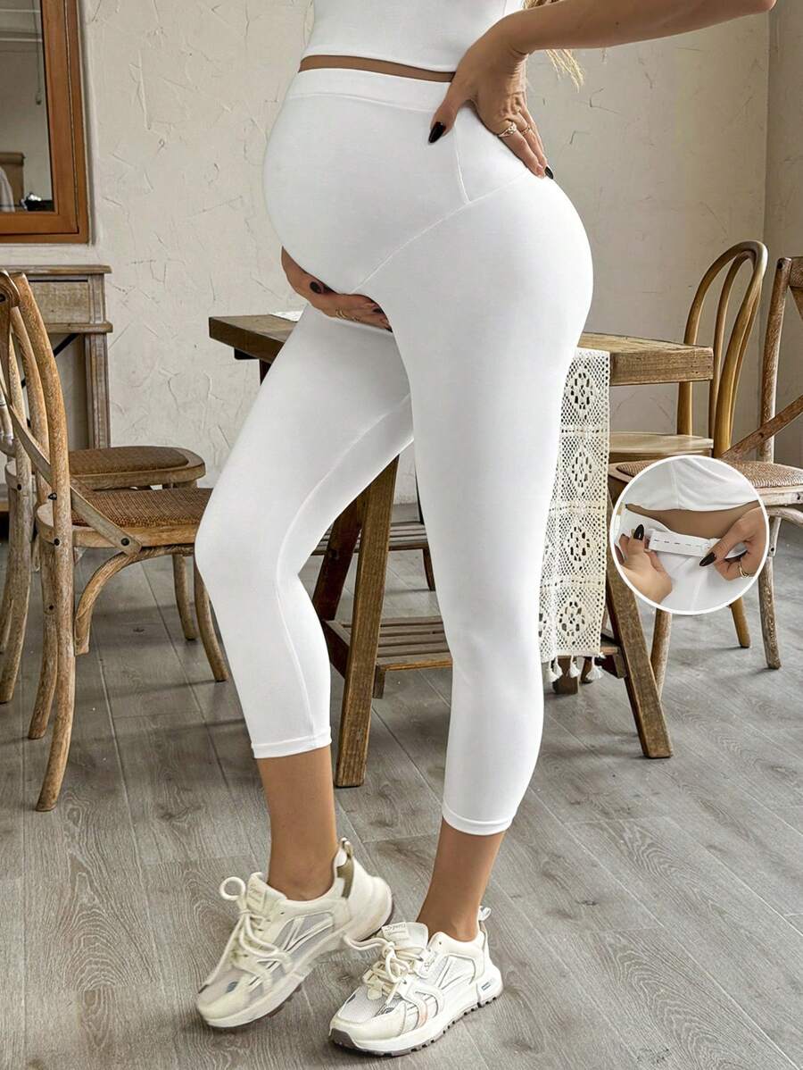 SHEIN 孕妇紧身裤哺乳紧身裤高弹力不透明瑜伽运动腹部支撑裤适合春夏季全年 - 白色 - 查看 1