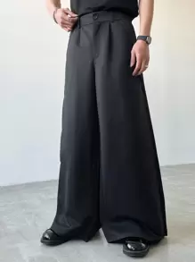 Claim Dot Plus Size Men's Solid Color Pleated Wide Leg Casual Pants, Loose Black Pants, Fall - Black - View 1