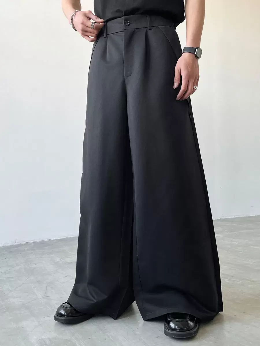 Claim Dot Plus Size Men's Solid Color Pleated Wide Leg Casual Pants, Loose Black Pants, Fall - Black - View 1