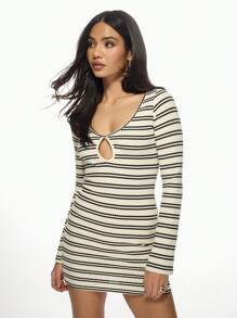 MISSGUIDED Striped Ribbed Mini Dress Bodycon Cut-Out Front Long Sleeve Sweater Dress Party Club Night Out Winter Fall Fashion Y2K