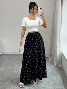 Modelyn 女式印花梭织黑色碎花松紧腰喇叭裙 - 黑色 - 查看 5