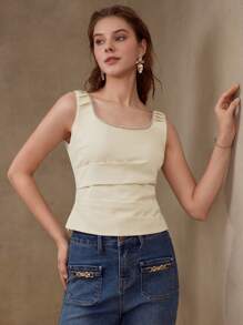 MOTF PREMIUM Blusa de detalle con plisados y rhinestones con pliegues - Albaricoque - Ver 1