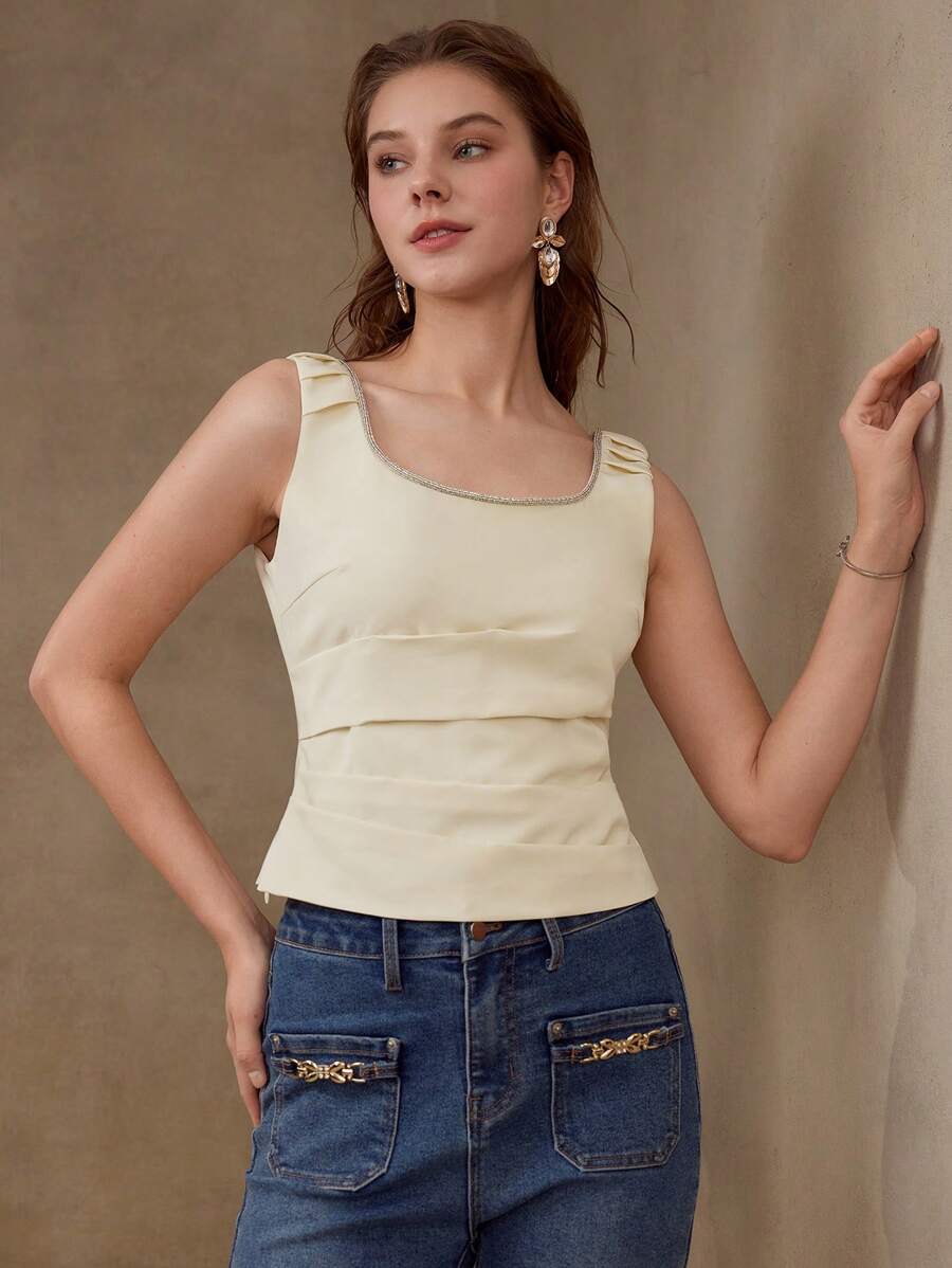 MOTF PREMIUM Blusa de detalle con plisados y rhinestones con pliegues - Albaricoque - Ver 1