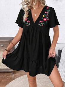 Breezaya Women V-Neck Short Sleeve Pleated Simple Casual Short Embroidered Doll Dress - Black - View 5
