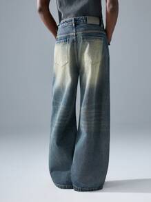 NEON BLANC 男士休闲街头时尚宽松蓝色牛仔长牛仔裤 - 水鴨藍 - 查看 3