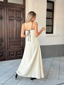 Pariaura 女士宽松休闲 V 领露背中长连衣裙，纯色，百搭 - 杏色 - 查看 2