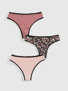 ROMWE 3pcs/Set Floral All-Over Print Lace & Mesh Splice Bikini Briefs, Rustic Style - Multicolor - View 2