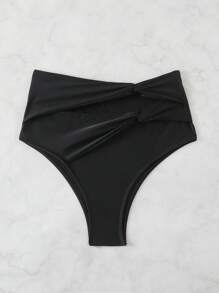 SHEIN Swim 女士简约黑色纯色泳裤，春假沙滩装 - 黑色 - 查看 4