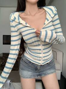 DAZY Women's Simple Striped Zip-Up Hoodie, Casual Daily Wear Long Sleeve Women Tops - Blue - View 8