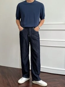 DAZY Autumn Solid Color Pocket Loose Casual Men's Denim Jeans - Blue - View 5