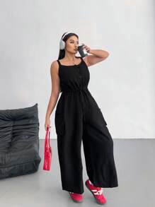 POPSWAY Plus Size Solid Color Straight Leg Jumpsuit With Suspenders, Casual Loose Design, Korean Style - Black - View 4