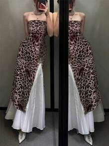 SHEIN LUNE Standard Sized Women Leopard Print Strapless Bodycon Dress With Cinched Waist And Open Slit Hem - Multicolor - View 1