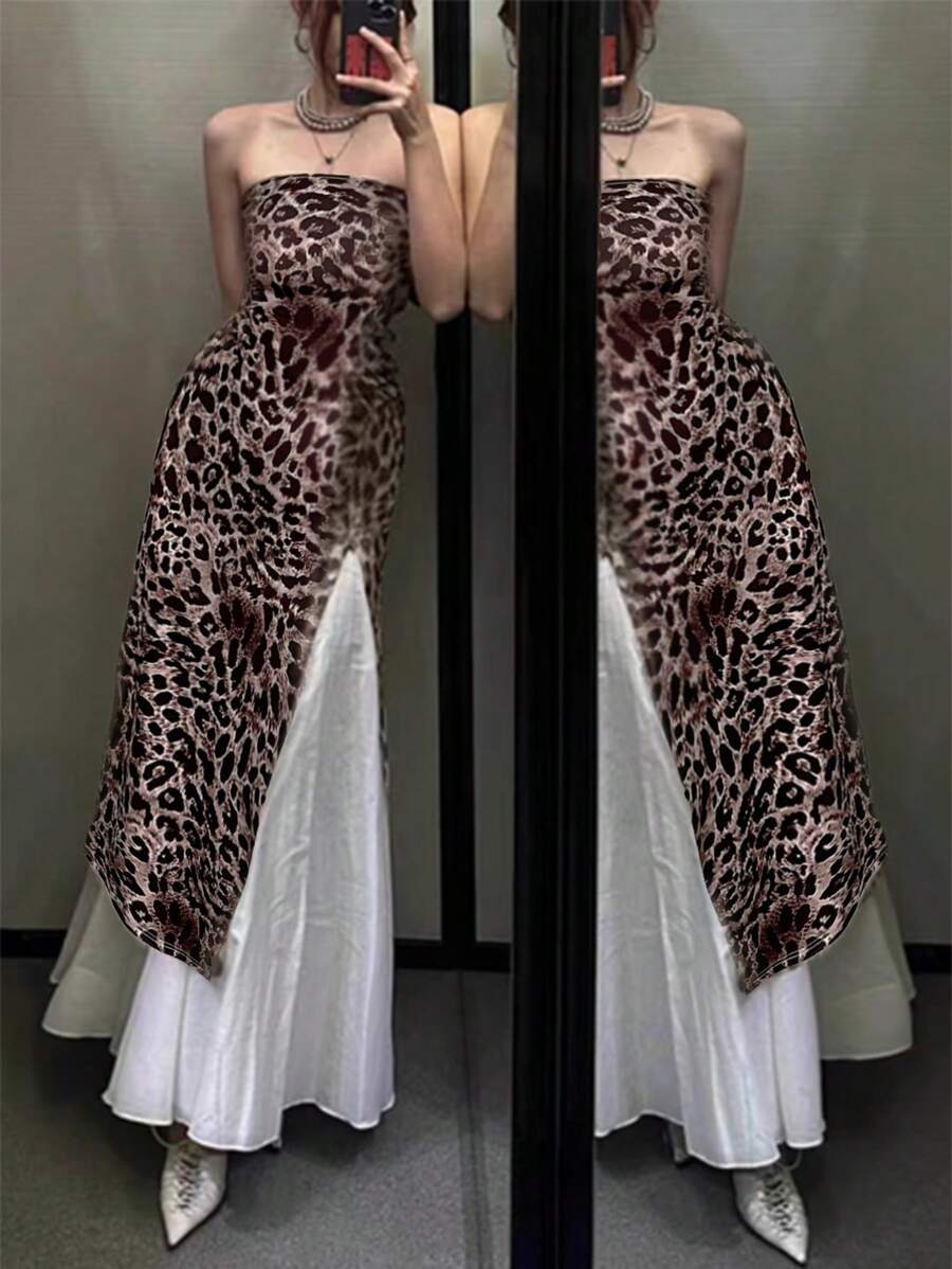 SHEIN LUNE Standard Sized Women Leopard Print Strapless Bodycon Dress With Cinched Waist And Open Slit Hem - Multicolor - View 1