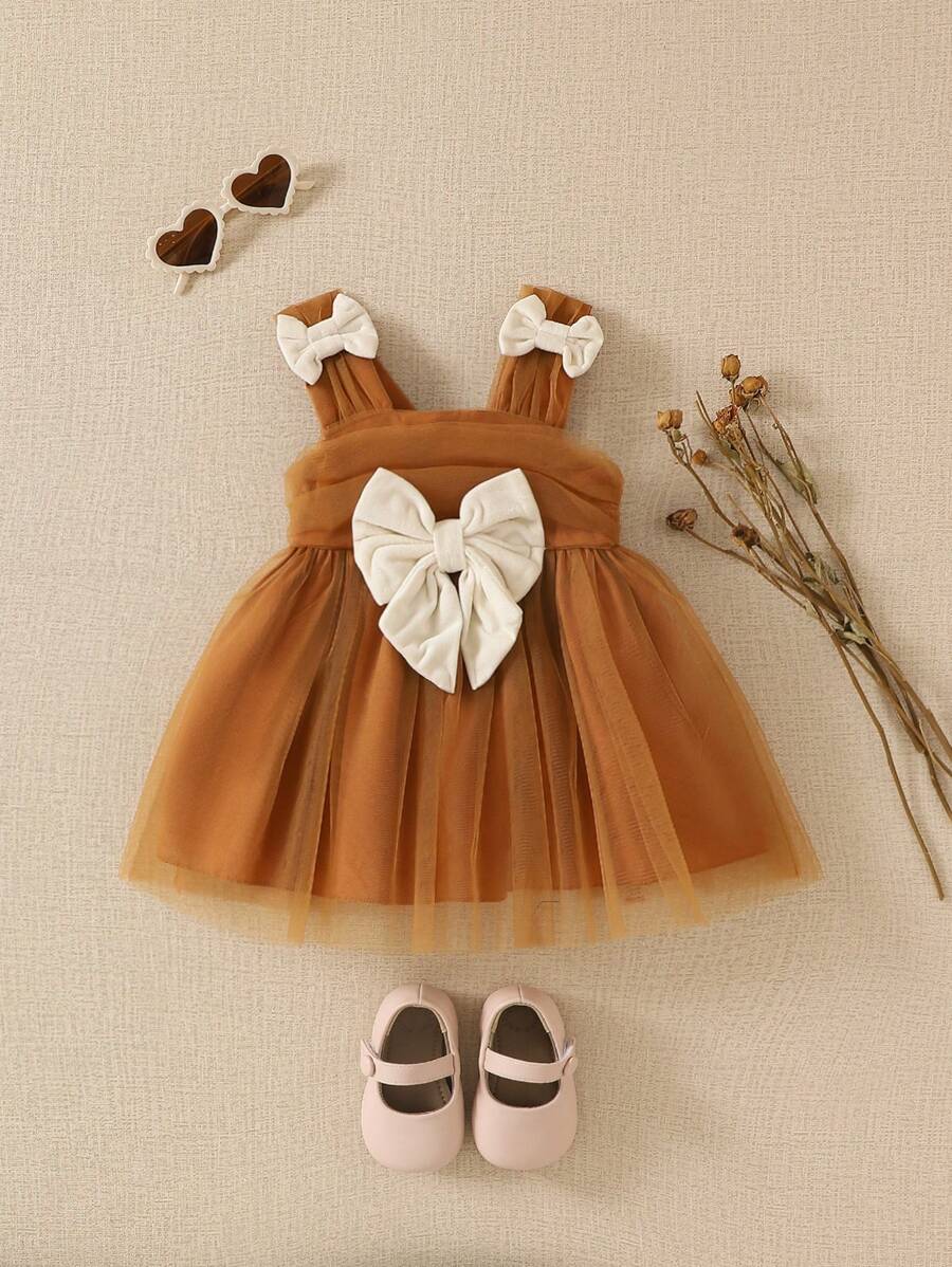 Souflis Souflis 女童时尚薄纱蝴蝶结吊带公主裙 - 咖啡棕 - 查看 1