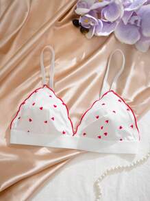 Valentine's Day Cute Heart Pattern Wireless Triangle Lace Trim Lingerie Bra, Lightweight - White - View 7