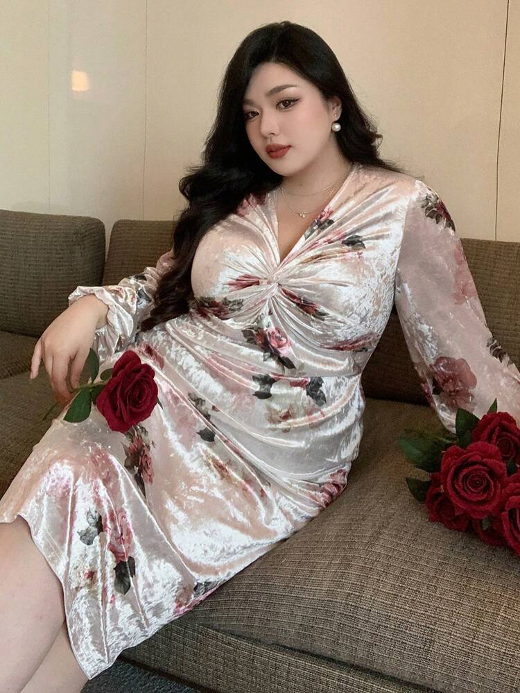 Dazy Plus Plus Size Floral Pattern Full Length Wrap Velvet V-Neck Dress, Holiday Vacation Beach Wear, Spring/Summer, Fall Clothes Long Sleeve Dress Maxi Dress