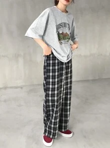 FRIFUL Women Casual 2 Pieces Set: T-Shirt & Plaid Pants, Graphic Print, Summer Lounge Sets For Women - Grey - View 6