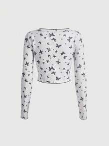 ROMWE Camiseta con estampado de mariposa y pespunte - Blanco - Ver 2