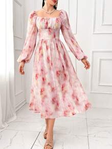 Modelyn Vestido casual de mujer con cuello cuadrado, manga larga, plisado y estampado floral