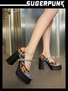 Sugerpunk Women's Floral Print Laser Glossy Pointed Toe Black Platform High Heel Pumps, Suitable For Daily, Gathering, Party
