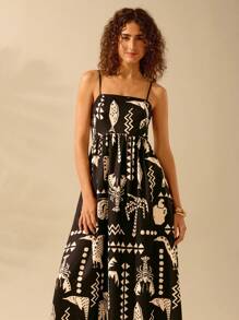 CAJUNI Women's Boho Black And Apricot Printed Holiday Leisure Summer Beach Strap Long Dress