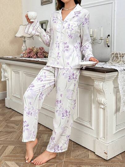 CottageSlumber 女士多层荷叶边拼接花卉印花翻领睡衣套装