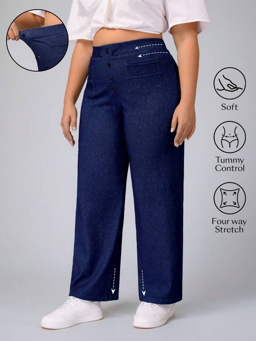 SHEIN CURVE+ 大码纯色高腰舒适柔软休闲透气百搭牛仔裤 大码阔腿裤 大码裤 曲线款大码裤 女士阔腿裤 弹力阔腿裤 - 藍色 - 查看 1