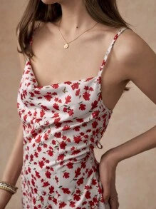 Écloséra 浪漫假期纯色花卉印花垂坠领口后背镂空系带长款吊带背心连衣裙 - 杏色 - 查看 3