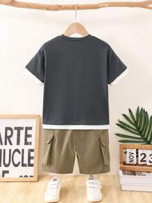 2pcs Young Boys Contrast Letter Print Round Neck Tee And Applique Pocket Shorts Set, Summer - Dark Grey - View 2