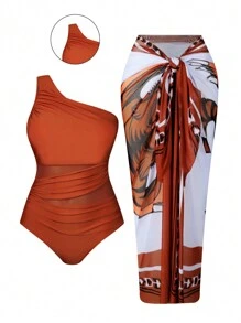 Bộ đồ bơi Oasis 2 mảnh cao cấp dành cho nữ cỡ lớn, gồm áo tắm một mảnh xếp nếp màu lạc đà kết hợp với chân váy lưới họa tiết hổ, thích hợp cho kỳ nghỉ hè ở bãi biển - Cà phê nâu - Xem 1