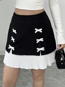 Chiquease French Elegant Elegant Casual Everyday Versatile 3D Bow Pleat Contrast Color High Waist Skirt, Women Spring/Summer Mini Skirt - Black and White - View 1