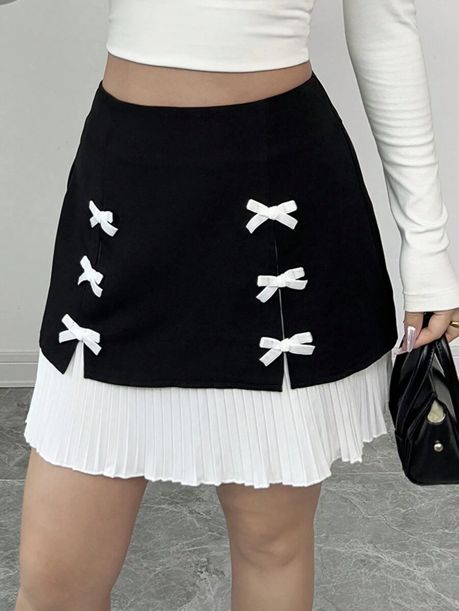 Chiquease French Elegant Elegant Casual Everyday Versatile 3D Bow Pleat Contrast Color High Waist Skirt, Women Spring/Summer Mini Skirt - Black and White - View 1