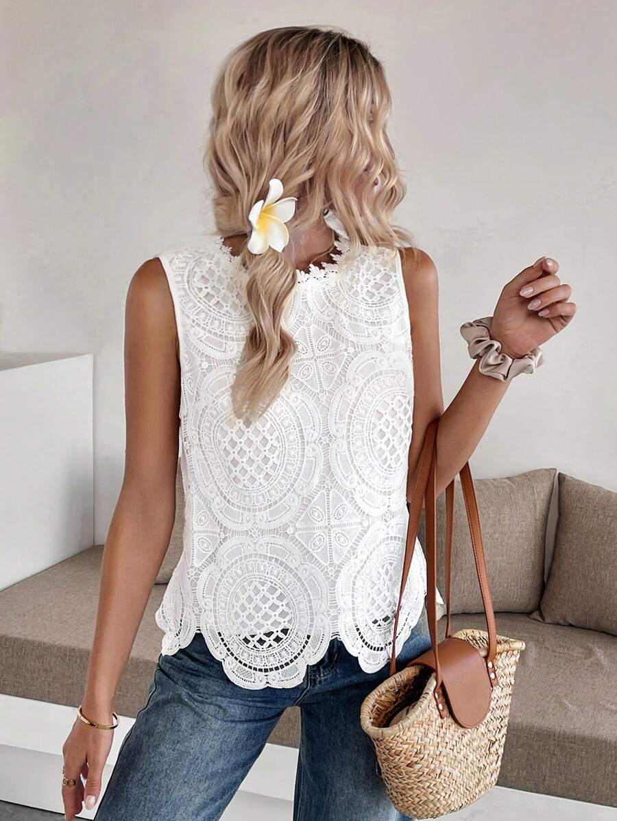 Breezaya Summer Westren Wear Women/Boho/Bohemian/Festival Solid Color Hollow Flower Pattern Fashionable Sleeveless Blouse For WomenAlso Suitable For Dating Commute Multiple Occasions Wear