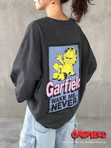 Garfield X FRIFUL Women's Cartoon Print Loose Round Neck Short Sleeve T-Shirt, Casual Wear For Summer Cute Tops - Grey - View 4