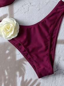 Swim Chiccia Women's Fashionable & Elegant 3D Flower Decor Bikini Set For Summer Beach Vacation - Burgundy - View 4