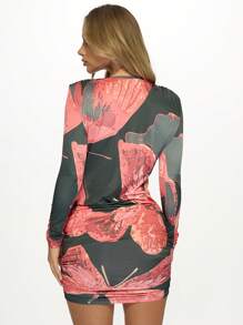 MISSGUIDED Vestido de fiesta corto con cuello en V profundo, manga larga, ajustado, con fruncido lateral, de noche, para eventos, con estampado floral abstracto