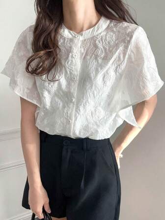 FRIFUL 女士白色纹理面料衬衫，可爱女士夏季上衣