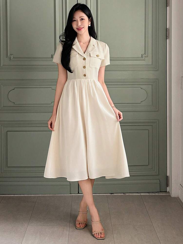 Office Wear Women Mid-Length Patchwork Blazer Collar Dress