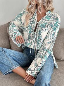 SHEIN LUNE Beige Autumn Boho Vacation Holiday Women Linen Printing Loose Long Sleeve Blouse,Bohemian Festival Western Wear Vintage Tie Detail Side Slit Blouse - Multicolor - View 5