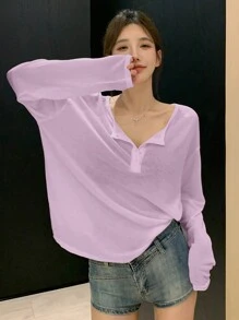 DAZY 1 件女式纯色长袖 T 恤，简约时尚休闲风格，适合日常穿着，返校服装 - 紫色 - 查看 5